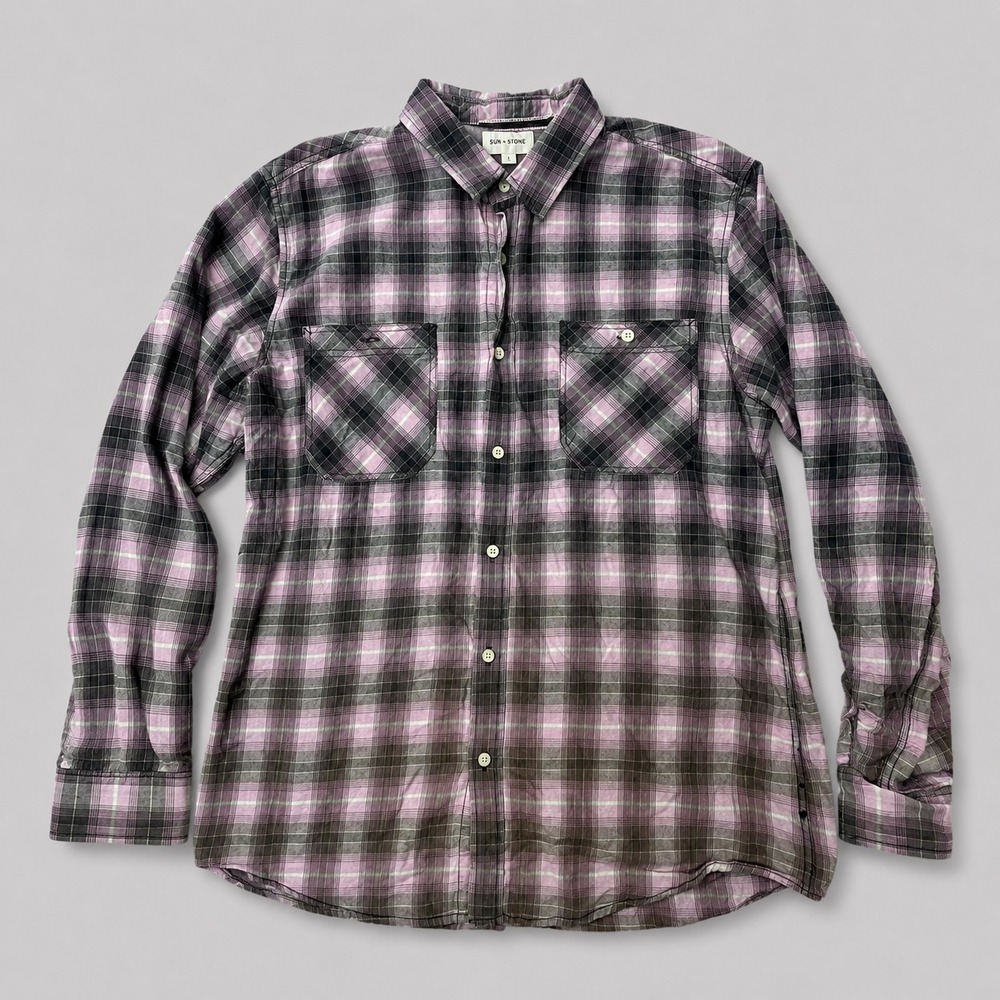 Sun + Stone Mens L Purple Plaid Button Up Shirt Long Sleeve Casual Cotton